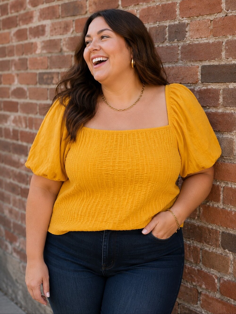 Addition Elle Plus Size 2x: Square Neck Puff Sleeve Top in Mustard Yellow